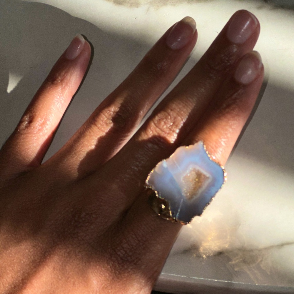 NEW Luxury Natural Stone Adjustable Crystal Irregular Geode Gold-plated Ring